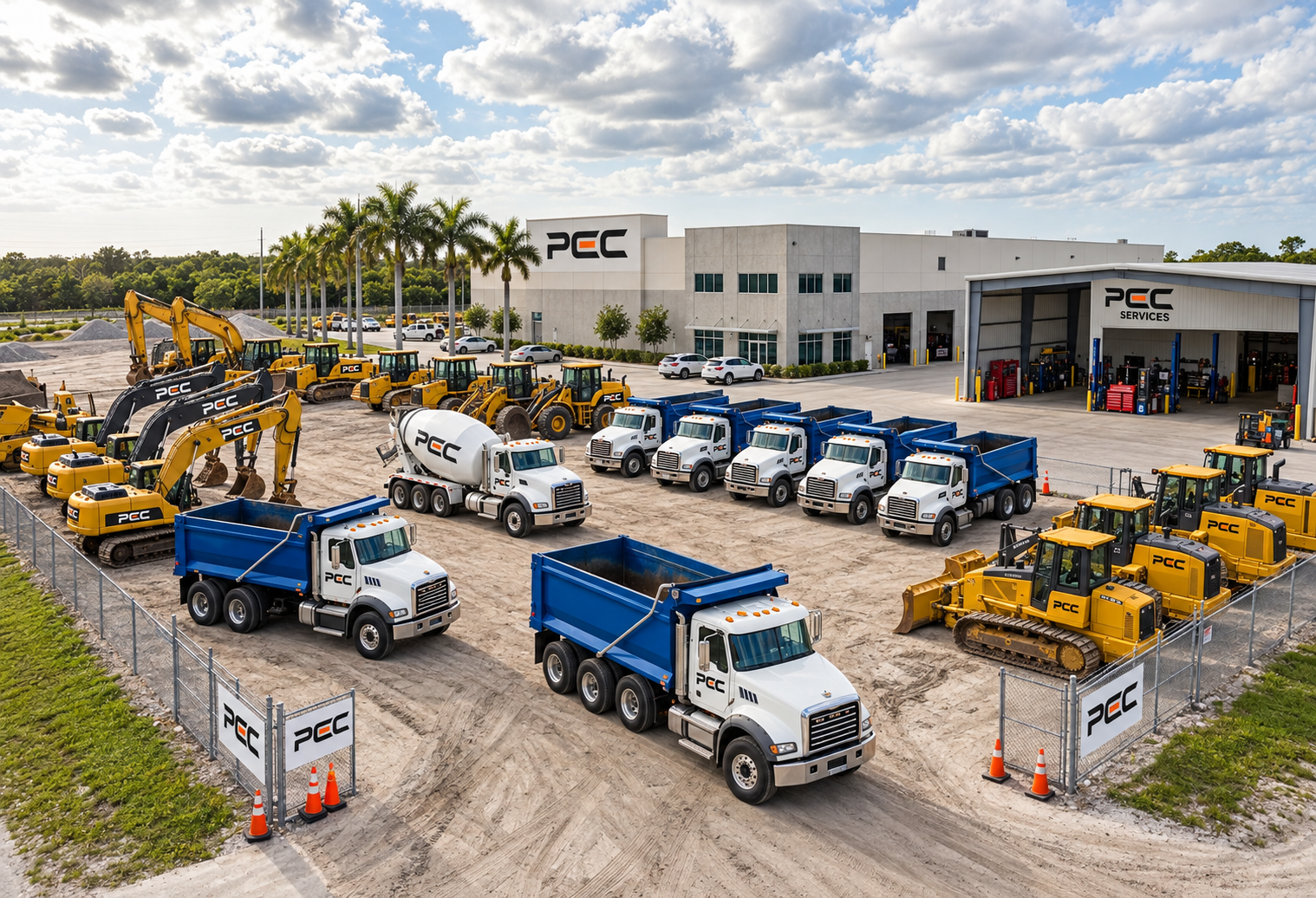 PEC-owned excavators and dump trucks staged at the company equipment yard in Miami-Dade County.
